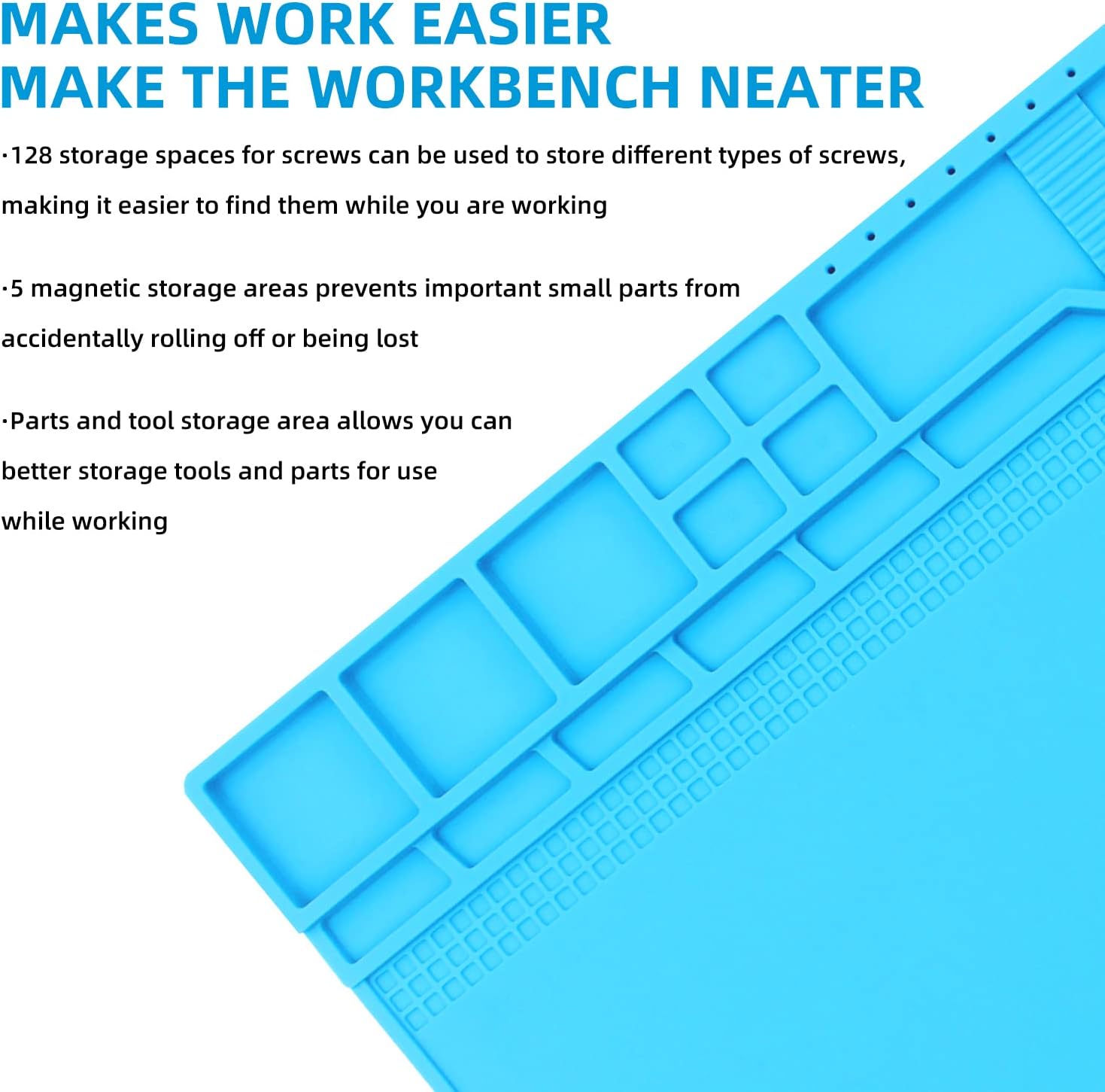 VOTCT Large Silicone Repair Mat Heat Resistant 932℉, Soldering Mat Has Magnetic Area and Multiple Parts Storage Areas For Repair Watch, Phone Other Electronic Product. Light Blue, Size: 17 x 12 Inch - Image 3